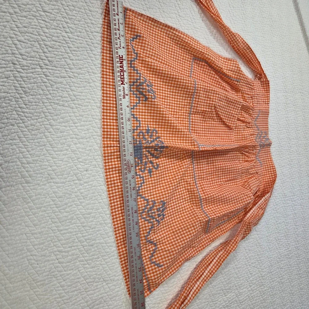 Vintage Handmade Orange Gingham Half Apron Cross Stitch‎ Flower Basket Pocket